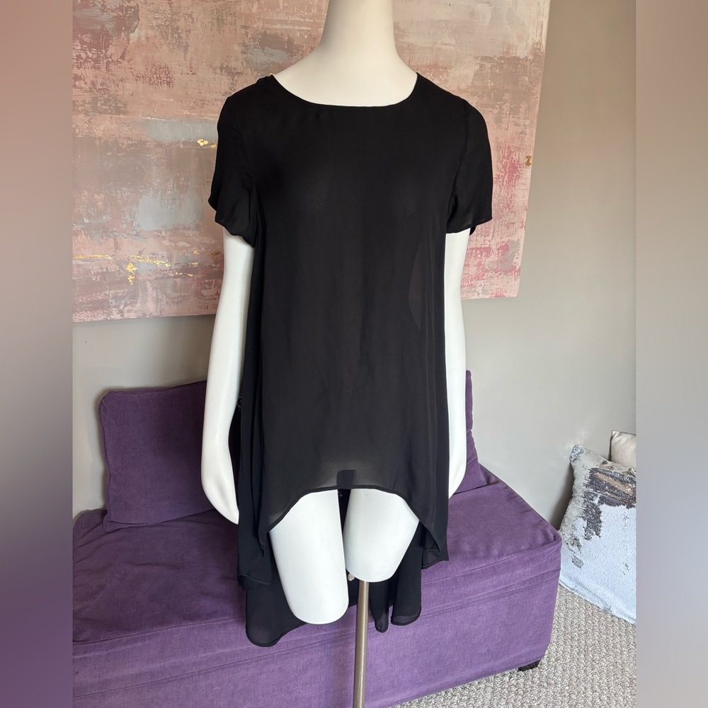 Guess by Marciano Elegant Y2K Black High Low Short Sleeve Sheer Top Size XS